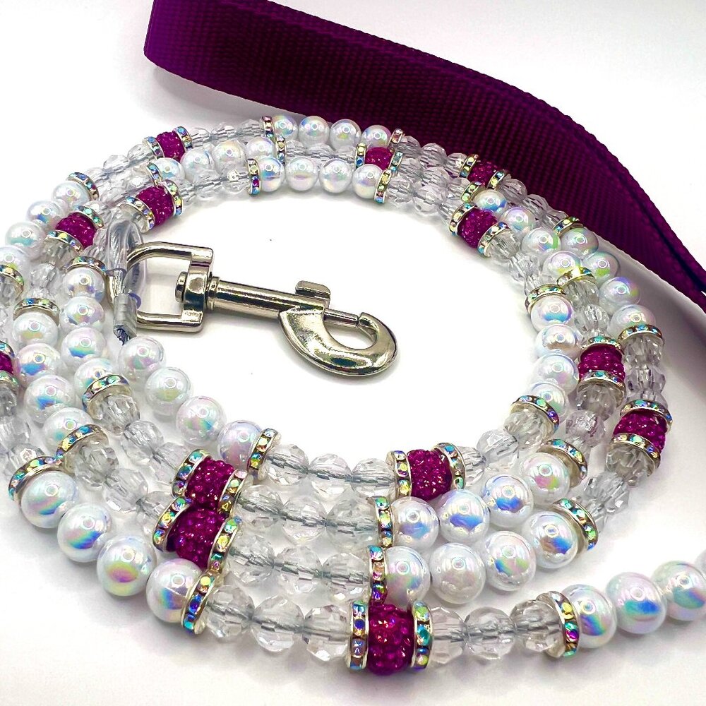 Bougie Beaded Dog Leash - Purple & White Sparkly- Handmade - Unique